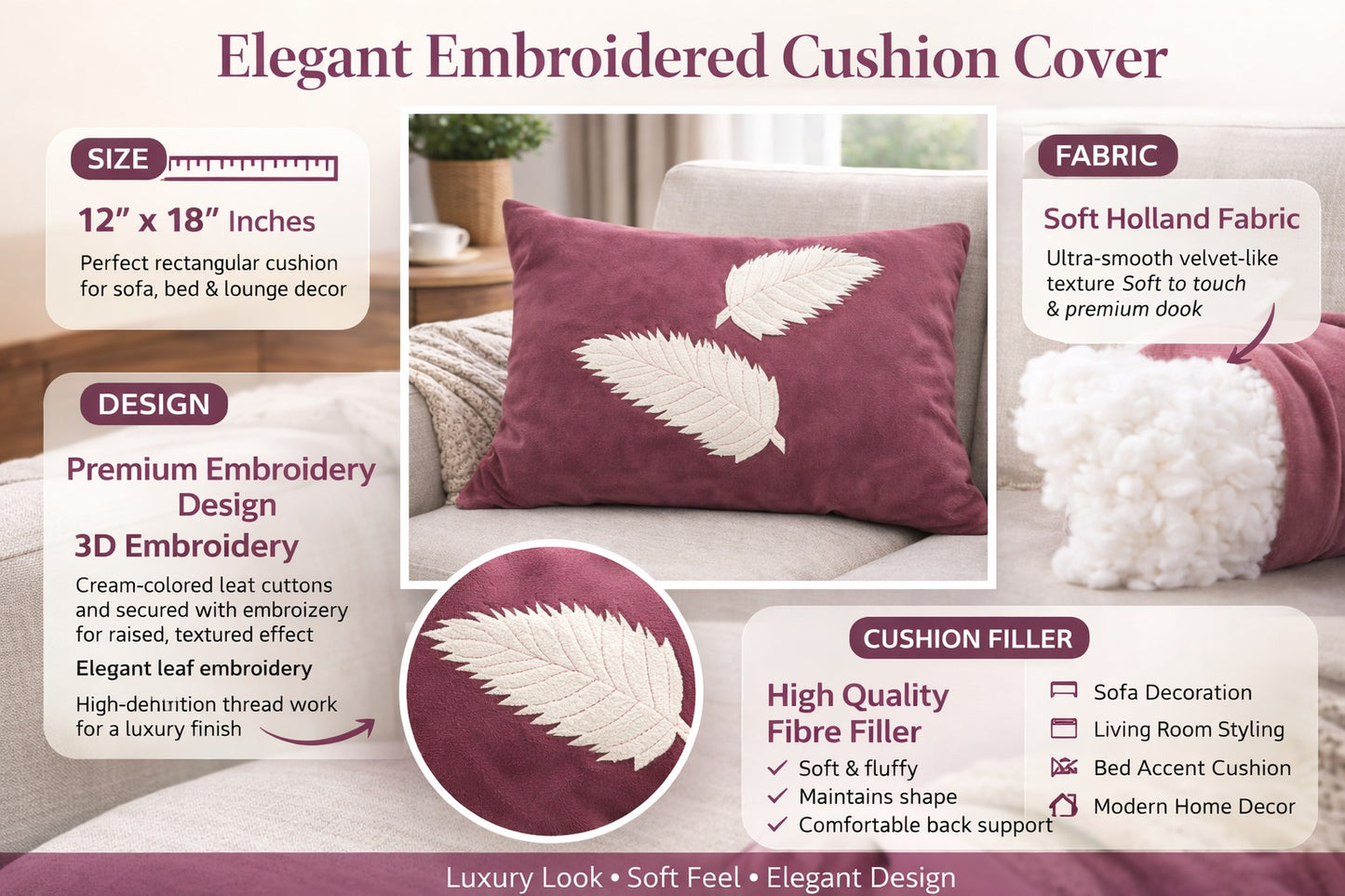 Luxury Lumbar Throw Pillow ( 12" x 18") – Mauve Velvet Decorative Cushion with Embroidered Leaf Details for Couch, Sofa, and Living Room