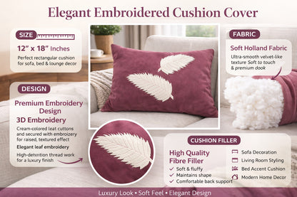 Luxury Lumbar Throw Pillow ( 12" x 18") – Mauve Velvet Decorative Cushion with Embroidered Leaf Details for Couch, Sofa, and Living Room