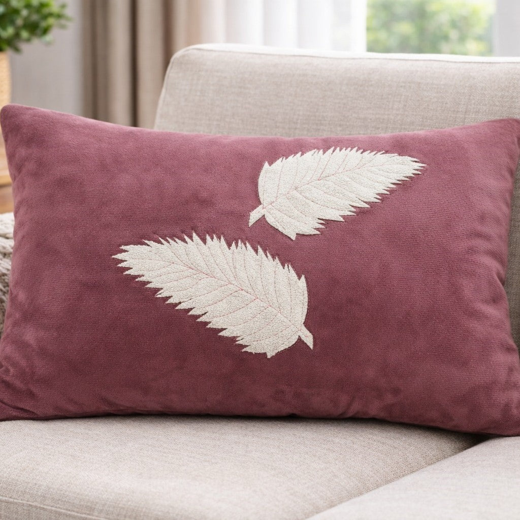 Luxury Lumbar Throw Pillow ( 12" x 18") – Mauve Velvet Decorative Cushion with Embroidered Leaf Details for Couch, Sofa, and Living Room