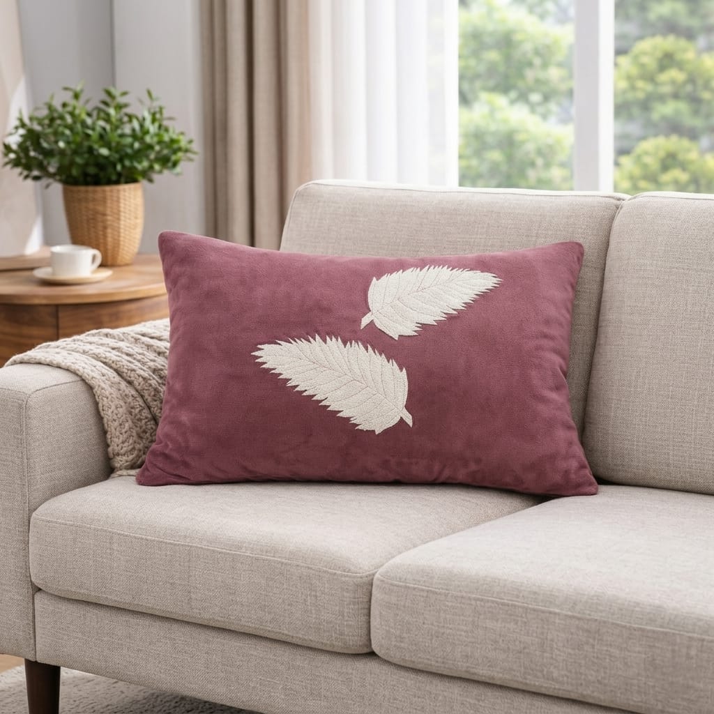 Luxury Lumbar Throw Pillow ( 12" x 18") – Mauve Velvet Decorative Cushion with Embroidered Leaf Details for Couch, Sofa, and Living Room