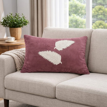 Luxury Lumbar Throw Pillow ( 12" x 18") – Mauve Velvet Decorative Cushion with Embroidered Leaf Details for Couch, Sofa, and Living Room